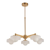 Endon Ashby 5 light pendant in brushed aged brass with frosted glass shades and opal inner globes on a telescopic stem, shown on white.