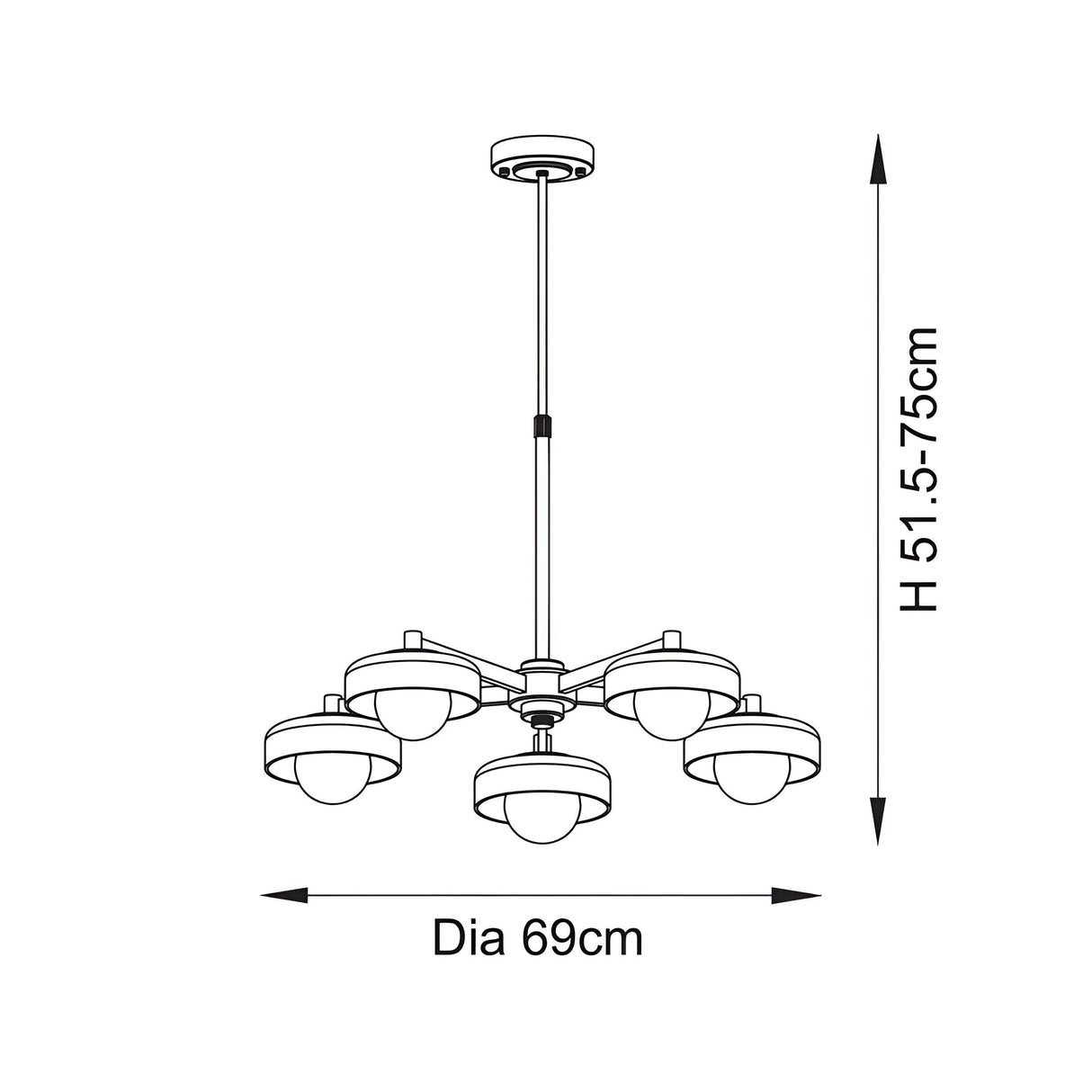 Dimensioned line drawing of the Endon Ashby 5 Light Pendant showing 69cm diameter and adjustable 51.5–75cm height.