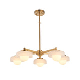 Endon Ashby 5 light pendant in brushed aged brass with frosted outer shades and opal inner globes on a telescopic stem, plain white background.