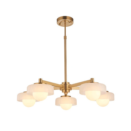 Endon Ashby 5 light pendant in brushed aged brass with frosted outer shades and opal inner globes on a telescopic stem, plain white background.