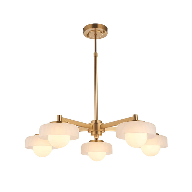 Endon Ashby 5 light pendant in brushed aged brass with frosted outer shades and opal inner globes on a telescopic stem, plain white background.