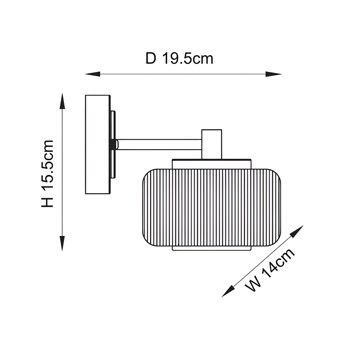 Dimensions diagram of Endon Rutland wall light showing 15.5cm height, 19.5cm projection and 14cm width on a plain white background.