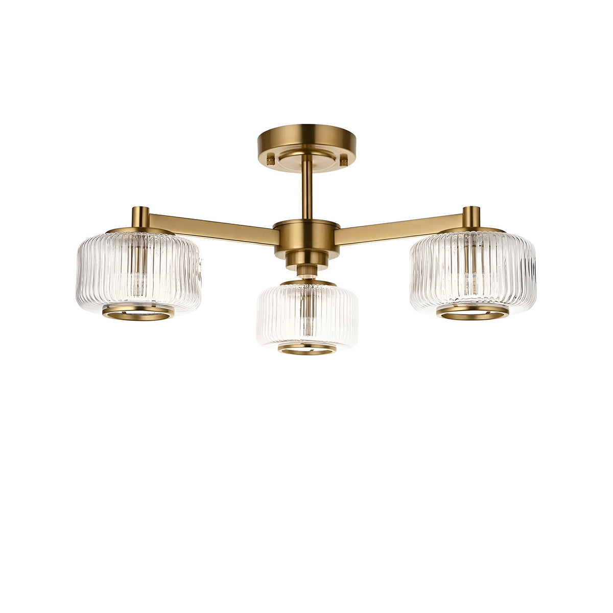 Endon Rutland 3 light semi-flush ceiling light in aged brass with ribbed glass shades on three arms, shown on a white background.