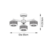Dimension diagram of Endon Rutland 3 Light Semi-Flush Ceiling Light in aged brass, showing 55cm diameter and 23.5cm height on a white background.