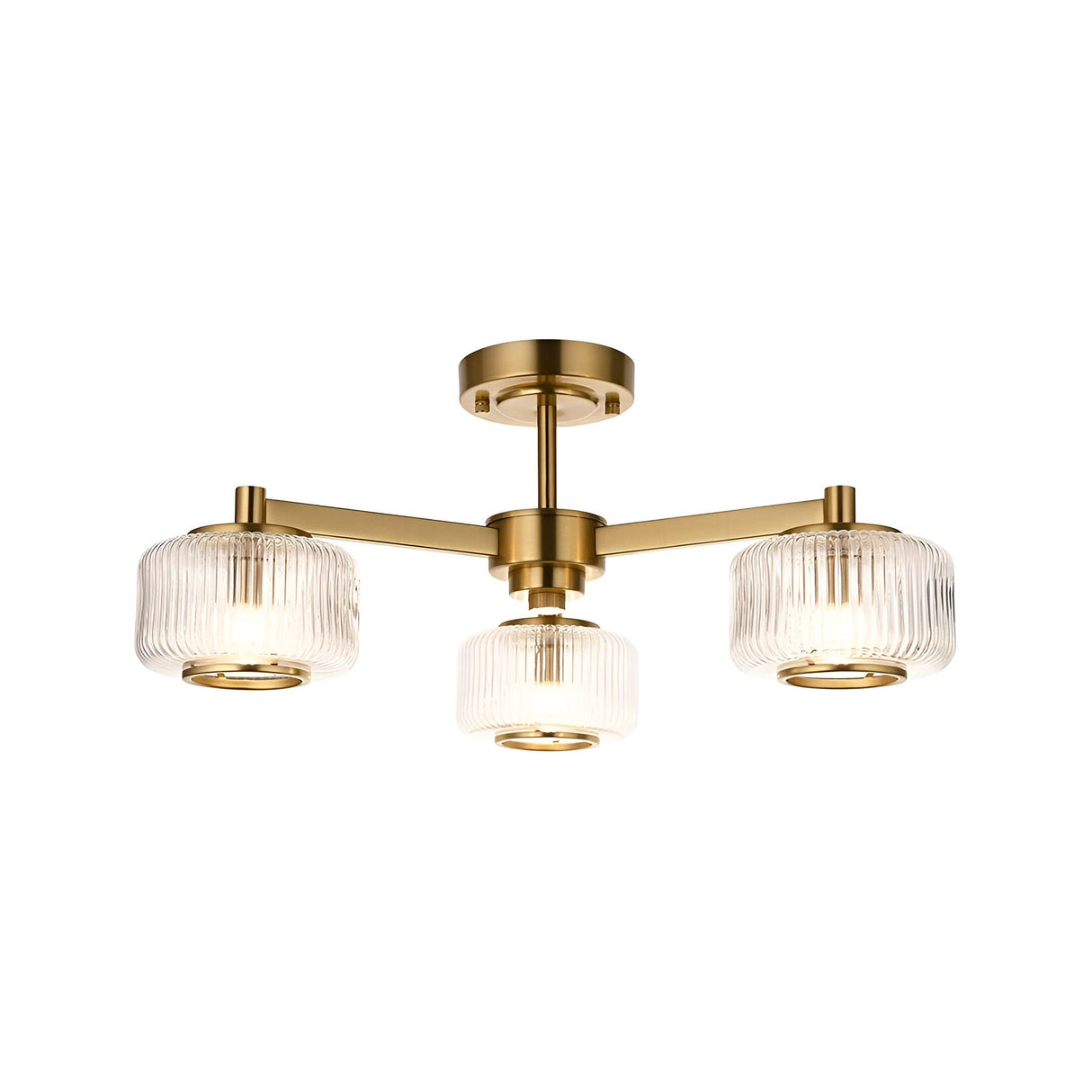 Endon Rutland 3 light semi-flush ceiling light in aged brass with three ribbed glass shades on splayed arms, shown on a white background.