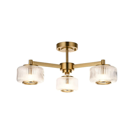 Endon Rutland 3 light semi-flush ceiling light in aged brass with three ribbed glass shades on splayed arms, shown on a white background.