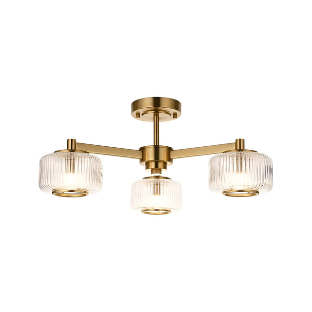 Endon Rutland 3 light semi-flush ceiling light in aged brass with three ribbed glass shades on splayed arms, shown on a white background.