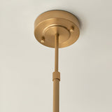 Rutland 5 Light Pendant in brushed aged brass, close-up of ceiling rose and adjustable telescopic stem, plain light background.