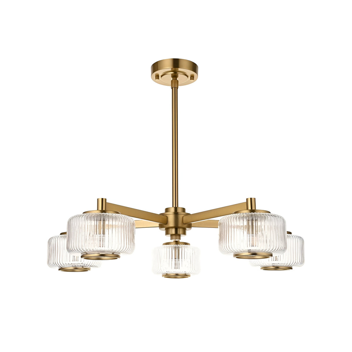 Rutland 5 Light Pendant in brushed brass with five clear ribbed glass shades on a star-shaped frame and telescopic stem, on white background.