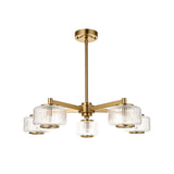 Rutland 5 Light Pendant in brushed brass with five clear ribbed glass shades on a star-shaped frame and telescopic stem, on white background.