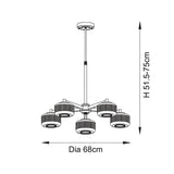 Line drawing of the Rutland 5 Light Pendant in brass with five ribbed glass shades on a circular frame, adjustable stem, H 51.5-75cm, Dia 68cm.