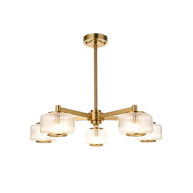 Rutland 5-light pendant in brushed aged brass with five ribbed clear glass shades on angled arms and a telescopic stem, shown on a white background.