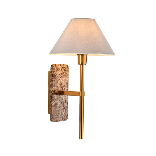 Bramble Wall Light with a marble-effect brown stone backplate, brass-toned arm and tapered white linen shade, shown on a plain white background.