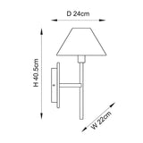 Bramble Wall Light dimension diagram showing brass arm, tapered shade and backplate with height 40.5cm, width 22cm and depth 24cm.