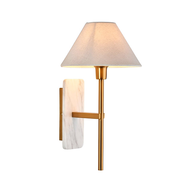 Bramble wall light with a marble backplate, slim brass-toned arm, and tapered white fabric shade, shown on a plain white background.