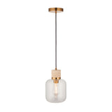 Endon Cranstead pendant light with beige travertine stone top, brushed brass collar and clear rounded glass shade on black flex, shown on white.