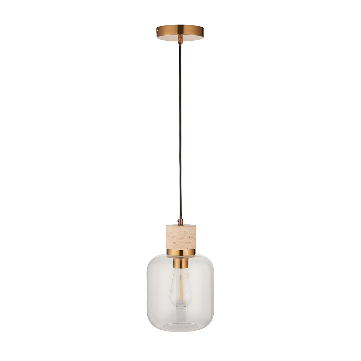 Endon Cranstead pendant light with beige travertine stone top, brushed brass collar and clear glass shade on black flex, shown on a white background.