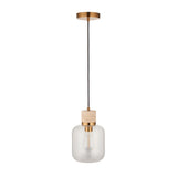 Endon Cranstead pendant light with beige travertine stone top, brushed brass collar and clear glass shade on black flex, shown on a white background.