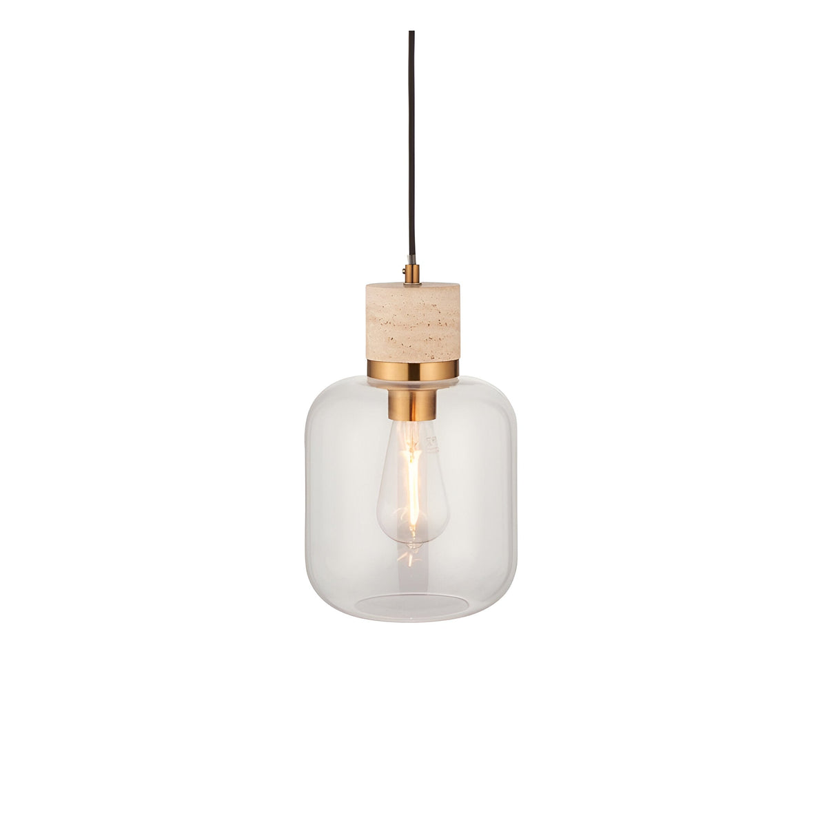 Endon Cranstead pendant light with a beige travertine stone top, brushed brass collar and clear rounded glass shade with visible E27 filament lamp.