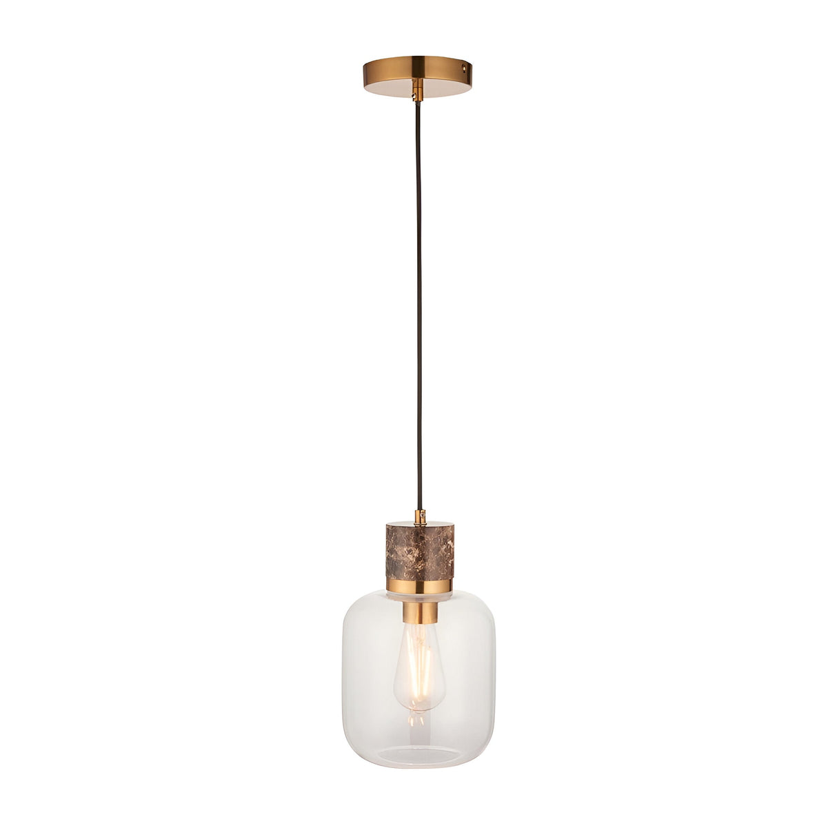 Cranstead single pendant light with brown marble collar, brass fitting, and clear rounded glass shade, hung on a black cord against a white background.