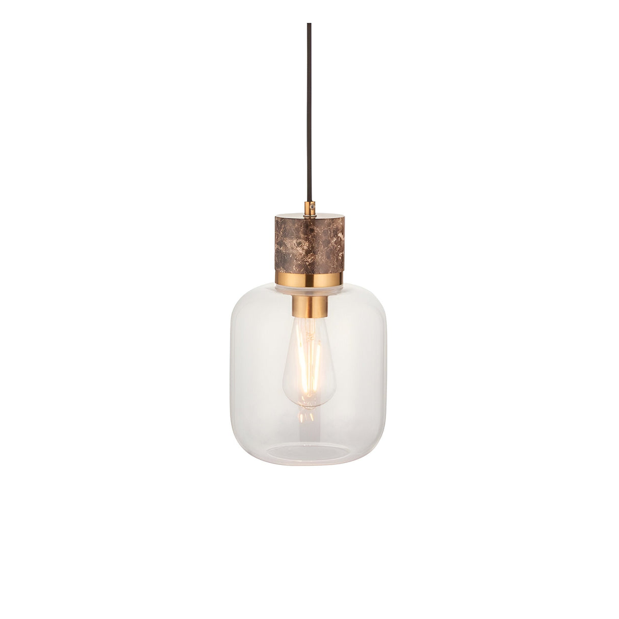 Cranstead pendant light with clear glass shade, brass collar and brown marble-effect top, exposed E27 bulb, black cord, on a plain white background.
