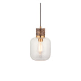 Cranstead pendant light with clear glass shade, brass collar and brown marble-effect top, exposed E27 bulb, black cord, on a plain white background.