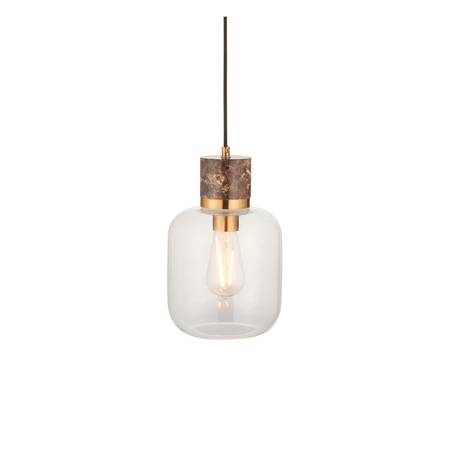 Cranstead pendant light with clear glass shade, brass collar and brown marble-effect top, exposed E27 bulb, black cord, on a plain white background.