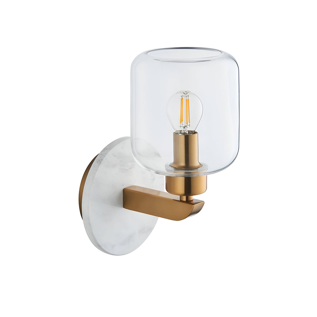 Cranstead Wall Light with white marble backplate, brass arm and clear glass shade housing an exposed bulb, shown on a plain white background.