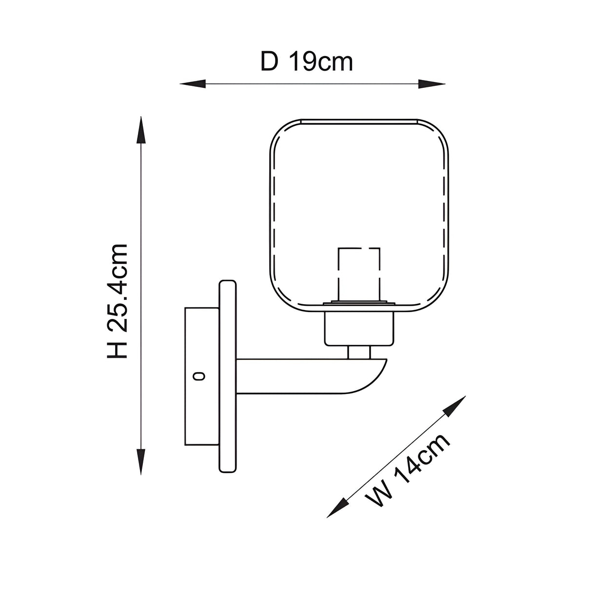 Technical line drawing of the Cranstead Wall Light showing dimensions: 25.4cm height, 19cm depth, and 14cm width, with brass arm and square glass shade.