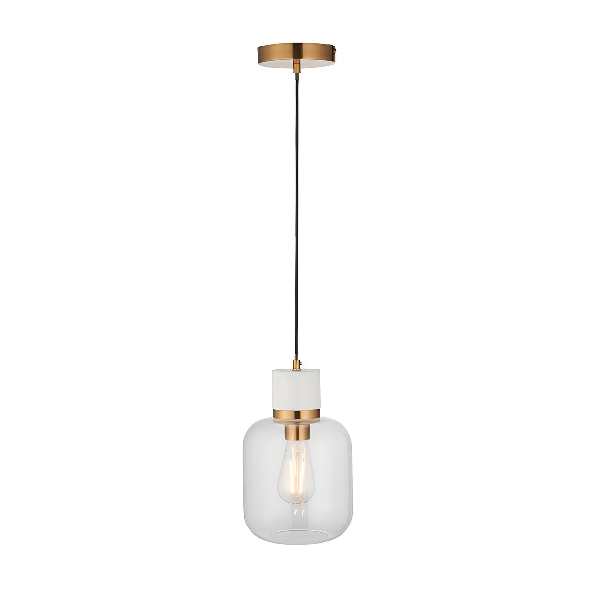 Endon Cranstead pendant light with white marble top, brushed brass collar, clear glass shade and black flex on a plain white background.