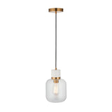 Endon Cranstead pendant light with white marble top, brushed brass collar, clear glass shade and black flex on a plain white background.