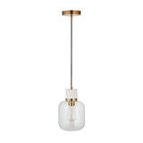 Endon Cranstead pendant light with white marble top, brushed brass collar and clear glass shade holding an E27 filament lamp, on a plain background.