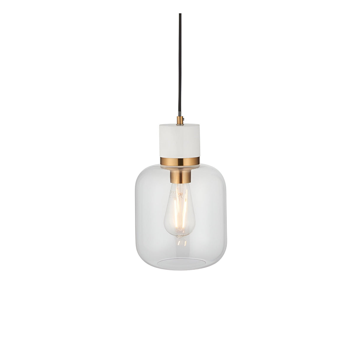 Endon Cranstead pendant light with white marble top, brushed brass collar, clear rounded glass shade and filament E27 bulb on black flex.