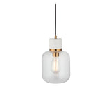 Endon Cranstead pendant light with white marble top, brushed brass collar, clear rounded glass shade and filament E27 bulb on black flex.