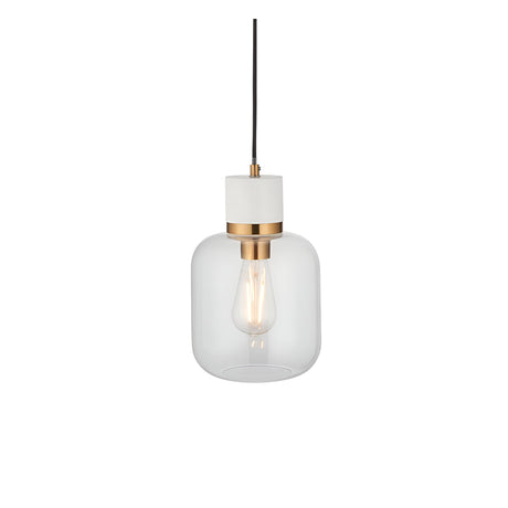 Endon Cranstead pendant light with white marble top, brushed brass collar, clear rounded glass shade and filament E27 bulb on black flex.