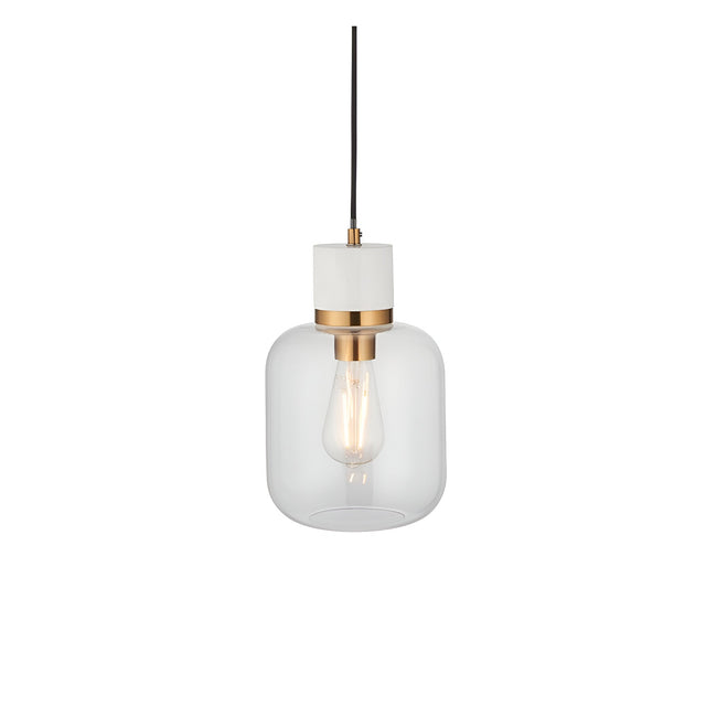 Endon Cranstead pendant light with white marble top, brushed brass collar, clear rounded glass shade and filament E27 bulb on black flex.