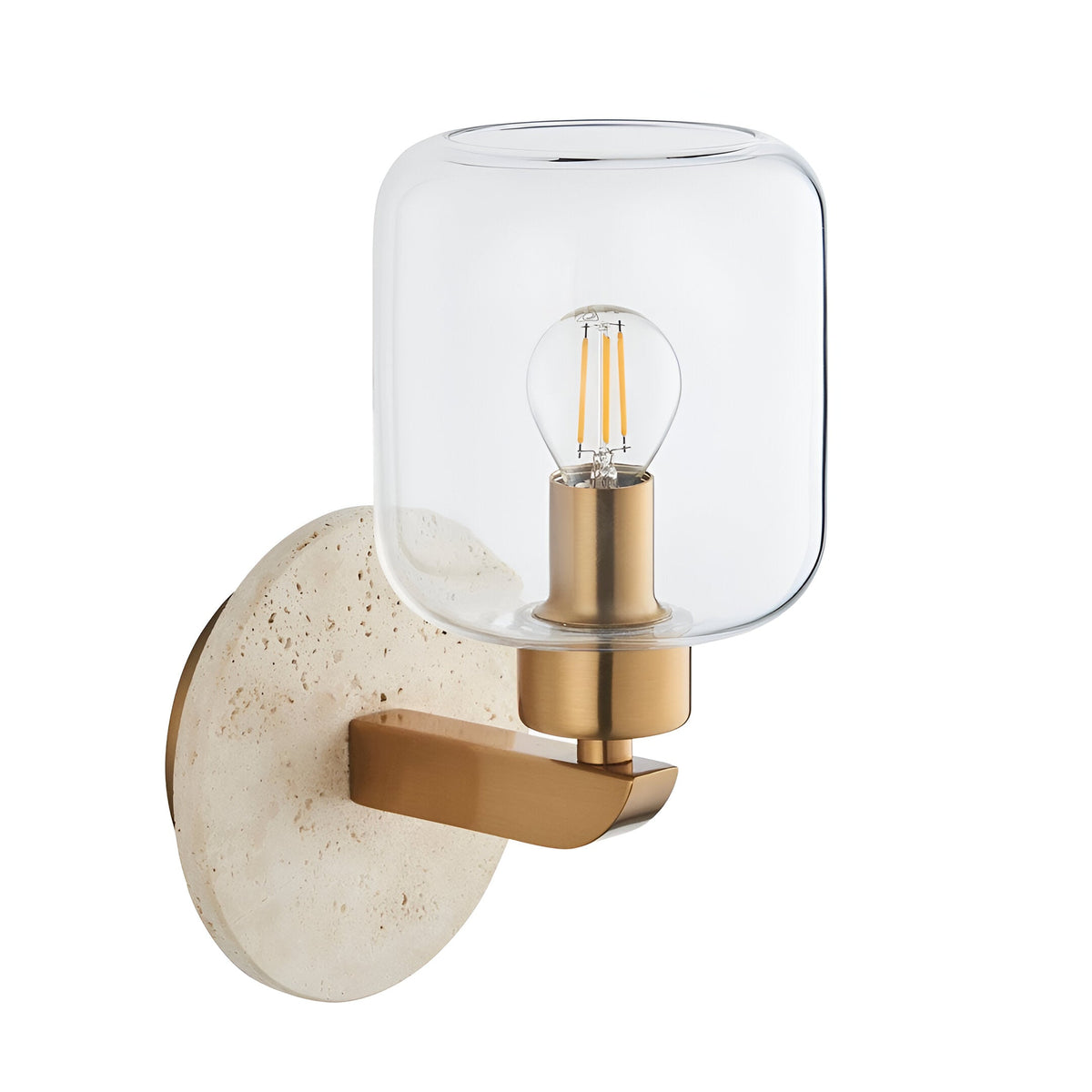Endon Cranstead wall light with round natural travertine backplate, brass arm, and clear glass shade housing an E14 filament bulb, on a white background.