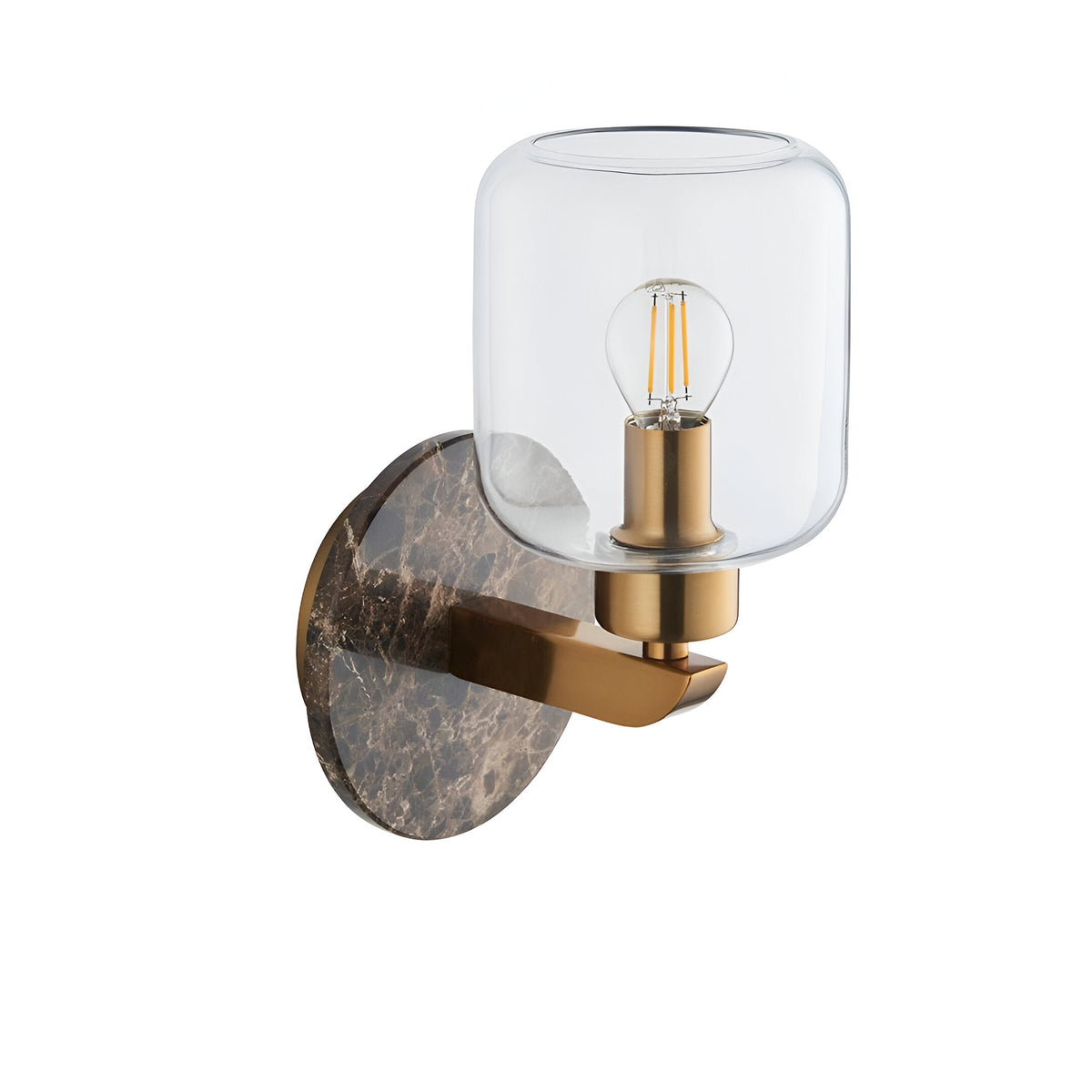 Cranstead Wall Light in brass and brown with round Emperador marble backplate, brass arm, and cylindrical clear glass shade showing bulb.