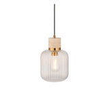 Cranton Pendant Light in brass and natural stone, with ribbed clear glass shade on a black cord, shown on a white background.