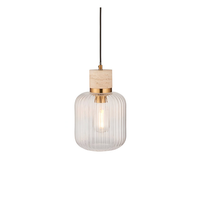 Cranton Pendant Light in brass and natural stone, with ribbed clear glass shade on a black cord, shown on a white background.