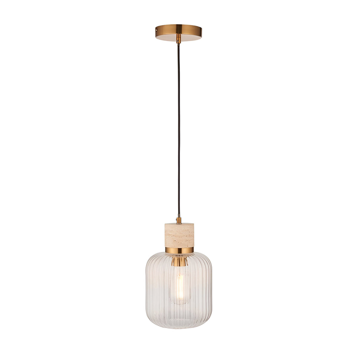 Cranton Pendant Light in brass and natural stone, with a ribbed clear glass shade on a black cord and round brass ceiling plate, shown on a white background.