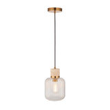Cranton Pendant Light in brass and natural stone, with a ribbed clear glass shade on a black cord and round brass ceiling plate, shown on a white background.