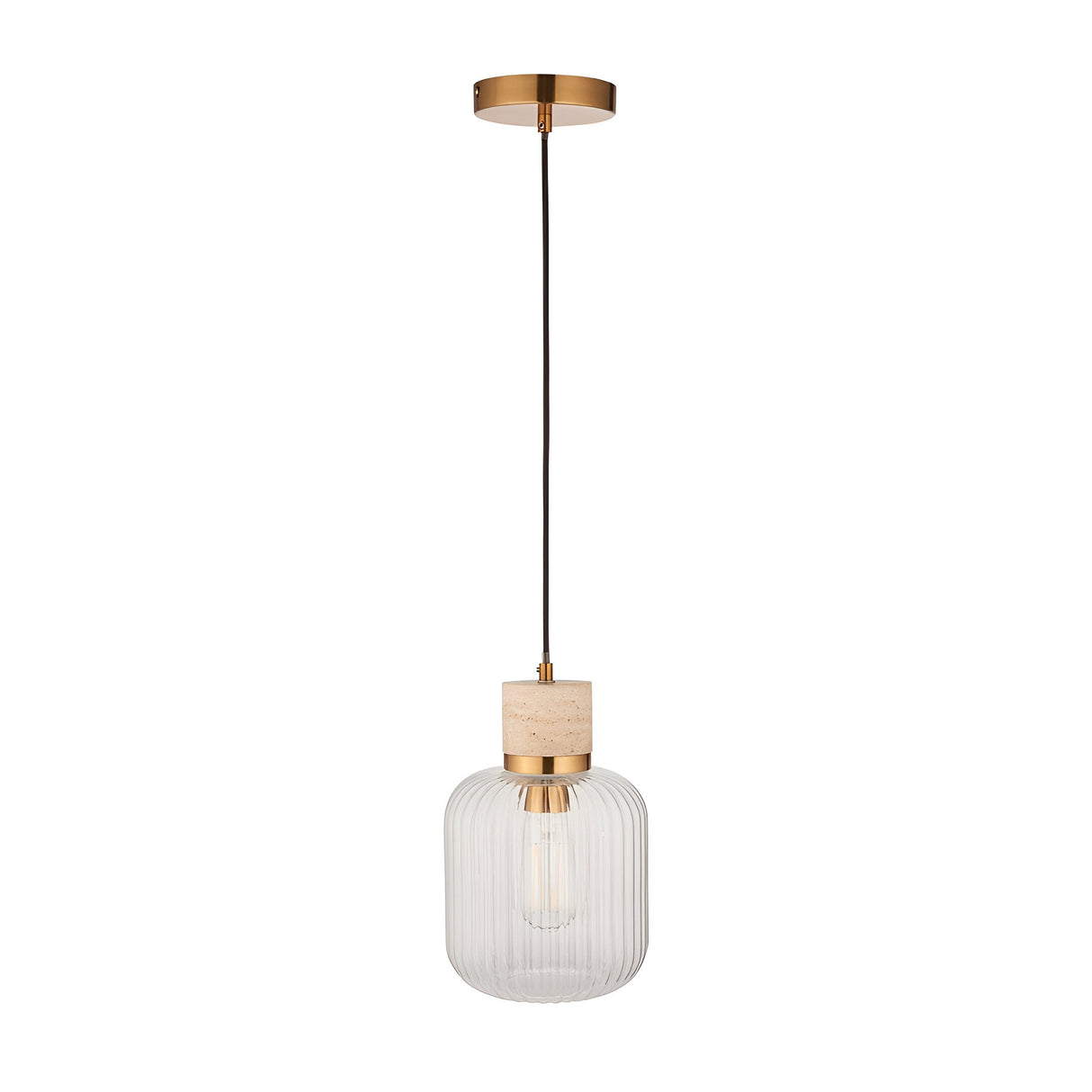 Cranton Pendant Light in Brass & Natural: single-light fixture with ribbed glass shade, stone top, brass collar, black cord, and round brass ceiling plate.