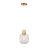 Cranton Pendant Light in Brass & Natural: single-light fixture with ribbed glass shade, stone top, brass collar, black cord, and round brass ceiling plate.