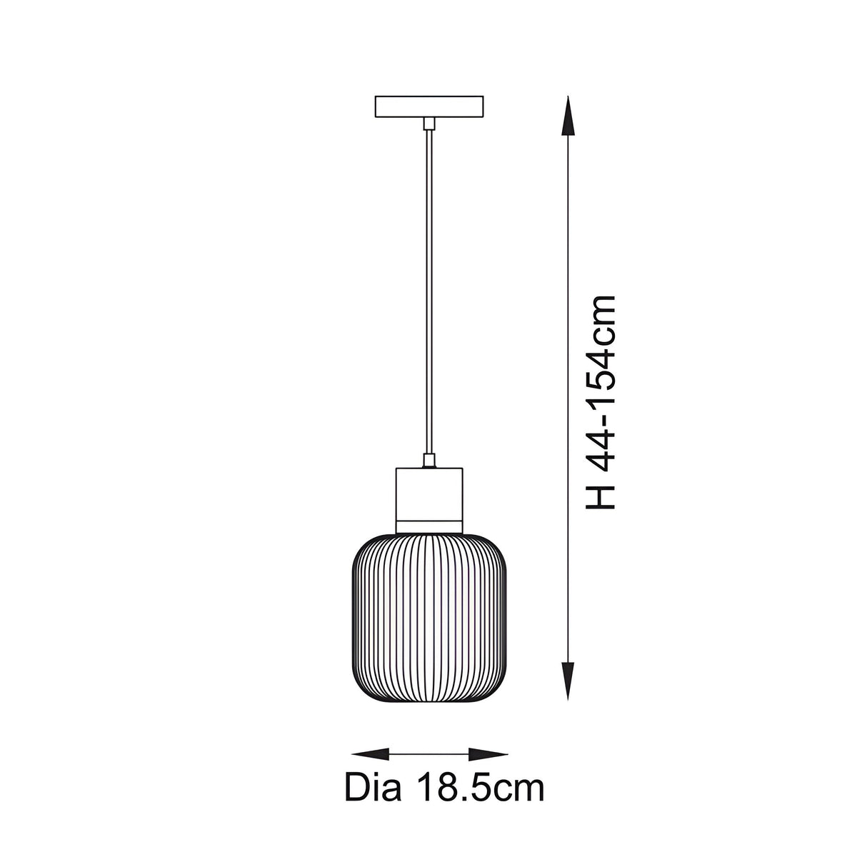 Line drawing of the Cranton Pendant Light showing adjustable drop height 44-154cm and ribbed glass shade diameter 18.5cm, with brass ceiling mount.