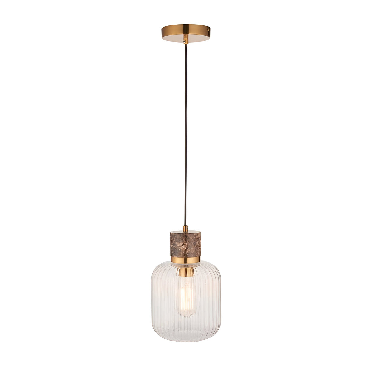 Endon Cranton pendant light with brown marble top, brass collar, and clear ribbed glass shade on black flex, shown on a white background.