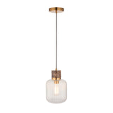 Endon Cranton pendant light with brown marble top, brass collar, and clear ribbed glass shade on black flex, shown on a white background.