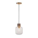 Endon Cranton pendant light with brown marble top, brass collar and clear ribbed glass shade on black flex, shown against a white background.