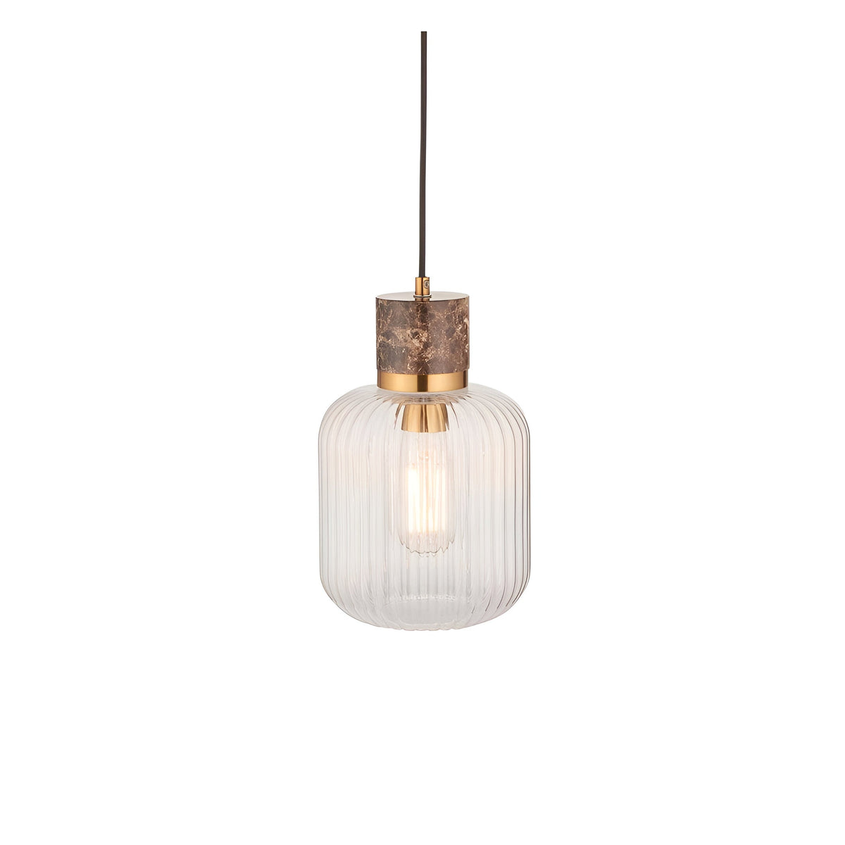 Endon Cranton pendant light with brown Emperador marble top, brushed brass collar and clear ribbed glass shade on black flex, shown on a white background.