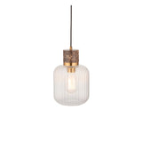 Endon Cranton pendant light with brown Emperador marble top, brushed brass collar and clear ribbed glass shade on black flex, shown on a white background.